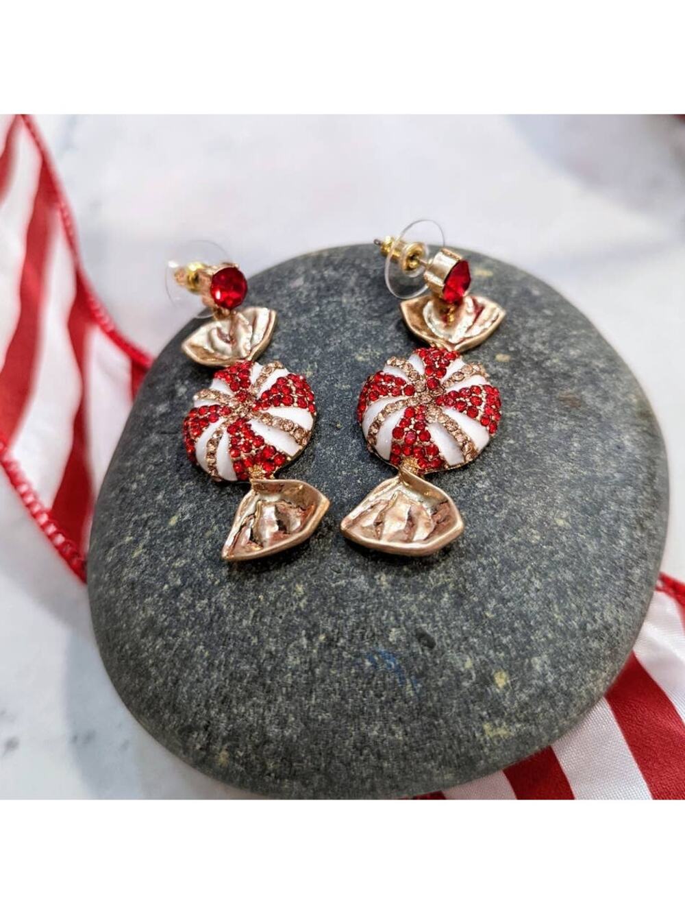 HOLIDAY Sparkle Red White Peppermint Dangle Post Earrings Christmas